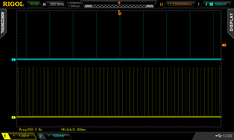 Clock Signals from a Caliper (blue) and iGaging EZ-View (yellow) Scales Oscilloscope capture of clock signals from two scales